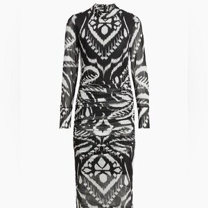 Pineapple Ikat Ruched Black & White Ruched Tulle long sleeve Midi Dress